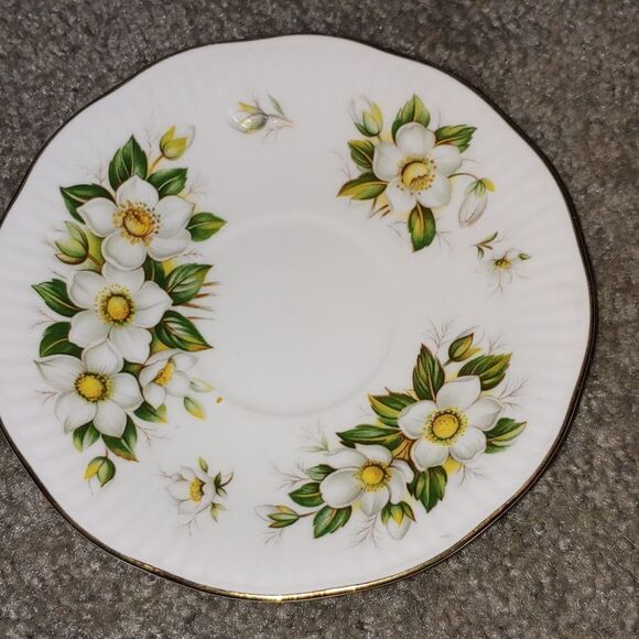 VINTAGE Royal Dover Bone China Teacup & Saucer Dogwoods w Gold Trim England - Picture 3 of 9